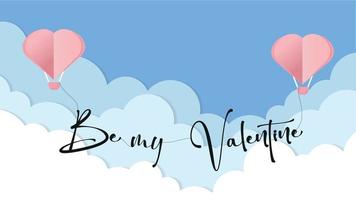 Vektor-Liebespostkarte zum Valentinstag mit der hängenden Inschrift sei mein Valentinspapier Wolken und blauer Hintergrund vektor