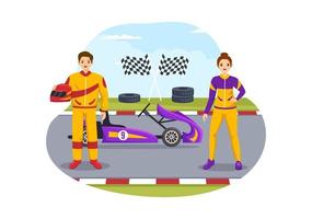 kartsport mit rennspiel go kart oder miniauto auf kleiner rennstrecke in flacher handgezeichneter karikaturschablonenillustration vektor