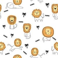 Nahtloses kindliches Muster mit kleinem Löwen und Palmen. süße vektortextur für kinderbettwäsche, stoff, tapeten, verpackungspapier, textilien, t-shirt-druck vektor