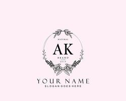 anfängliches ak-schönheitsmonogramm und elegantes logo-design, handschriftliches logo der ersten unterschrift, hochzeit, mode, blumen und botanik mit kreativer vorlage. vektor