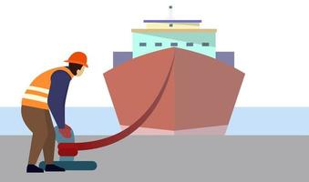 hafenarbeiter für frachtschiffvektorillustration, seefrachtschiffparken im hafen, technischer vorarbeiter und vorgesetzter, frachtcontainerimportcontainerschiff in der internationalen terminallogistik