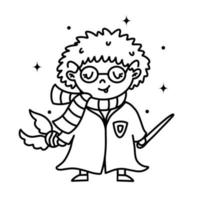 trollkarl vektor ikon. färg bok för barn. en pojke i en scarf, morgonrock, med en magi wand i hans hand. en barn med glasögon och en blixt- ärr. enkel översikt. tecknad serie ClipArt isolerat på vit