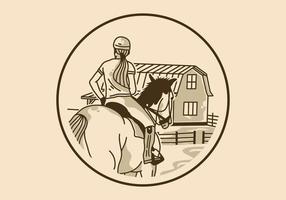 Vintage Kunstillustration der Frau reitet ein Pferd im Kreisrahmen vektor