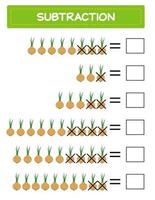 Subtraktion. Mathe-Arbeitsblatt für Kinder. Entwicklung von Rechenfähigkeiten. Beispiele lösen und schreiben. Mathematik. vektorillustration.pädagogik mathe kinderspiel. Abzug für Kinder. vektor