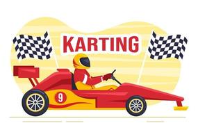 kartsport mit rennspiel go kart oder miniauto auf kleiner rennstrecke in flacher handgezeichneter karikaturschablonenillustration vektor