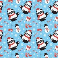 süßes weihnachtsnahtloses muster mit panda, süßigkeiten, schneeflocken, schneemann, handschuhen und socken. Vektor-Illustration vektor