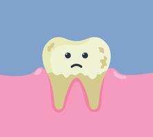 ungesunder Zahn. Illustration eines kranken Zahns mit faulen Wurzeln. Kinderzahnheilkunde trauriger Charakter. Kawaii-Gesichtsausdruck. vektor