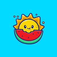 niedliche sonne, die wassermelonen-cartoon-vektor-symbol-illustration isst. sommerfrüchte symbol konzept isoliert premium vektor. flacher Cartoon-Stil vektor