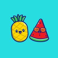 süße ananas mit wassermelonen-cartoon-vektor-symbol-illustration. sommerfrüchte symbol konzept isoliert premium vektor. flacher Cartoon-Stil vektor