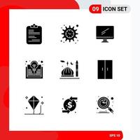 Packung mit 9 kreativen soliden Glyphen der Moscheebirne Computerbuch PC editierbare Vektordesign-Elemente vektor