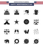 Happy Independence Day 16 Solid Glyphen Icon Pack für Web und Print Zelt Freigetränk Polizeizeichen Cola Outdoor editierbare Usa Day Vektor Design Elemente