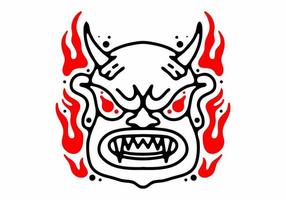 Tattoo-Design von Monstergesicht mit Horn und Feuerflamme vektor