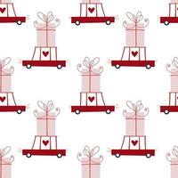 romantisches Muster. rosa geschenkbox, süßes rotes auto und herzen. urlaub nahtlose muster. vektor