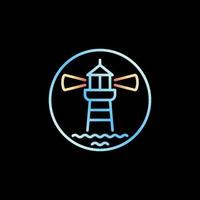 Leuchtturm mit Wellen dünne Linie Vektor blaues rundes Symbol