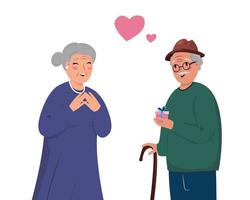 illustration av ett gammal par med en gåva låda. äldre man ger en gåva låda till hans fru. Lycklig valentines dag. kärlek, pensionering, årsdag, relation begrepp illustration med två gammal människor. . vektor