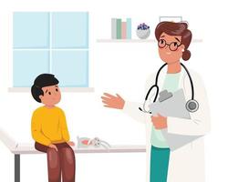 illustration av kvinna läkare och en pojke talande handla om hans problem. pediatrisk, hälsa vård, kropp vård, medicin begrepp illustration. vektor