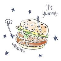 Cartoon-Hamburger, der ein Foto von sich selbst macht, lustiges Essen vektor