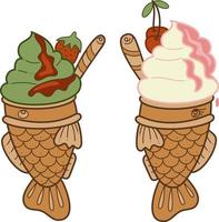 taiyaki zwei doodle2. Süßer asiatischer süßer gefüllter Fisch mit Eis. Cartoon-Farbvektor-Illustration. vektor
