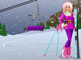 tecknad serie flicka går skidåkning på berg backe bakgrund scen. vektor illustration