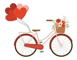 vår romantisk cykel med hjärta formad ballonger och spjällåda med blommor. isolerat på vit bakgrund. vektor illustration. valentines dag retro cykel
