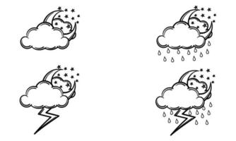 eine sammlung von handgezeichneten bewölkten wolken, regenwolken und blitzwolken vektor