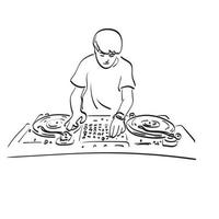 männlicher dj spielt plattenspielerillustrationsvektorhand gezeichnet lokalisiert auf weißer hintergrundlinie kunst. vektor