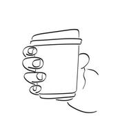 Strichzeichnungen Nahaufnahme Hand Holding heiße Kaffeetasse Illustration Vektor Hand zum Mitnehmen gezeichnet isoliert auf weißem Hintergrund