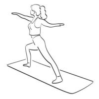 Frau macht Yoga und streckt ihre Arme auf der Matte Illustration Vektor handgezeichnet isoliert auf weißem Hintergrund Strichzeichnungen.