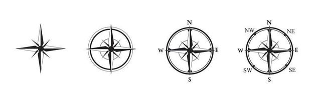 kompass svart ikon uppsättning . vind reste sig tecken. kardinal kompass symboler norr, söder, öster, väster. isolerat realistisk design, vektor illustration på vit bakgrund