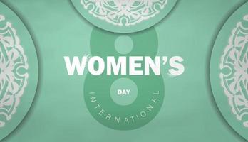Grußkartenvorlage zum Internationalen Frauentag in mintfarbener Farbe mit weißem Vintage-Ornament vektor