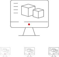 Computermonitor-Box, die fette und dünne schwarze Linien-Icon-Sets berechnet vektor