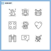 Mobile Interface Gliederungssatz von 9 Piktogrammen von Herz Medien Gebäude Kommunikation Küche editierbare Vektordesign-Elemente vektor
