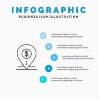 Dollar-Pin-Kartenstandort Bank Business Line Symbol mit 5 Schritten Präsentation Infografiken Hintergrund vektor