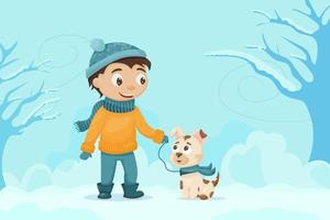 Kind mit Hund im Winterpark. Monat des Hundespaziergangs. niedliche vektorillustration. vektor