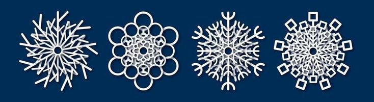 Papier geschnittene Schneeflocke. Satz von vier weißen Schneeflocken auf blauem Hintergrund. weihnachts- und neujahrsdekorationselemente. Vektor-Illustration vektor