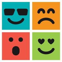 Set aus vier bunten Emoticons mit Smileys, geliebten, überraschten und unzufriedenen Gesichtern. Emoji-Symbol im Quadrat. flaches Hintergrundmuster. Vektor-Illustration vektor