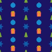 jul semless mönster med snöflinga, jul boll, gåva låda och jul träd på blå bakgrund. vektor illustration