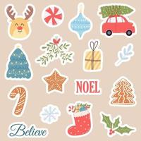 weihnachts- und neujahrsaufkleber im flachen karikaturstil. handgezeichnete niedliche charaktere, weihnachtsgeschenke, süßigkeiten, kekse, florale elemente und schriftzüge vektor