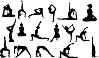 verschiedene Yoga-Mädchenhaltungen Silhouette. Satz von Vektor-Silhouette-Illustrationen Design isoliert auf weißem Hintergrund. gesunder Lebensstil. vektor