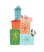 stapel geschenkboxen in festlichem verpackungspapier mit band und schleifen. stapel verschiedener geschenke für weihnachtsferien. flache vektorillustration lokalisiert auf weiß vektor