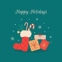 weihnachtskarte auf grünem hintergrund mit geschenkboxen, rotem weihnachtsstrumpf, schneeflocken, einem zweig eines weihnachtsbaums. flache süße illustration. vektor