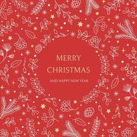 weihnachtsgrußkarte mit handgezeichneten dekorativen elementen, stechpalme, schneeflocken, mistel. moderne Vektor niedliche flache Illustration.