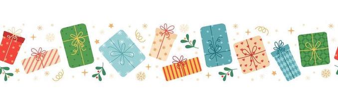 nahtlose festliche grenze mit weihnachtsgeschenken. Muster mit bunten Geschenken aus roten, grünen, blauen Blumen mit Schneeflocken und Sternen. flache karikaturillustration. vektor