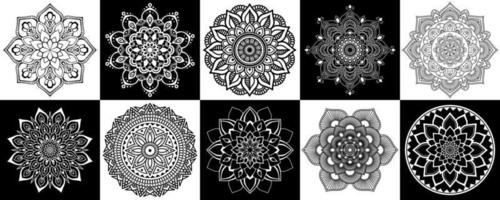 Mega-Set aus schwarzen und weißen floralen Mandala-Ornamenten vektor