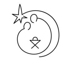 Vektor Weihnachten christliche religiöse Krippe des Jesuskindes mit Maria und Joseph und Stern im runden Rahmen. Logo-Symbol-Illustrationsskizze. Gekritzelhand gezeichnet mit schwarzen Linien
