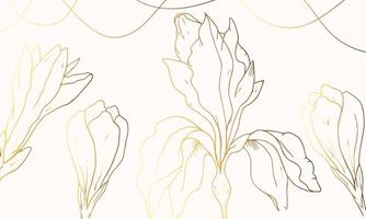 lyx guld och beige bakgrund med växter. blomma översikt. iris. hand ritade. minimal konst. vektor konst