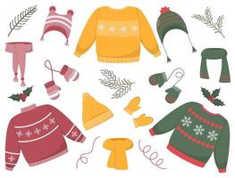 vektor vinter- kläder uppsättning, ful Tröja, scarf, hatt, vantar. ny år och jul. vektor illustracion