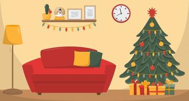 festlig rum interiör, ny år. jul träd, gåvor, skön möbel, dekorationer. vektor