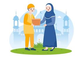 muslimische leute geben almosen, zakat oder infaq-spende an eine person, die es braucht, in handgezeichneten vorlagenillustrationen von flachen karikaturplakaten vektor