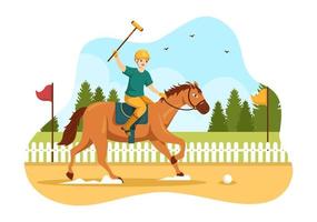 polo häst sporter med spelare ridning häst och innehav pinne använda sig av Utrustning uppsättning i platt tecknad serie affisch hand dragen mall illustration vektor